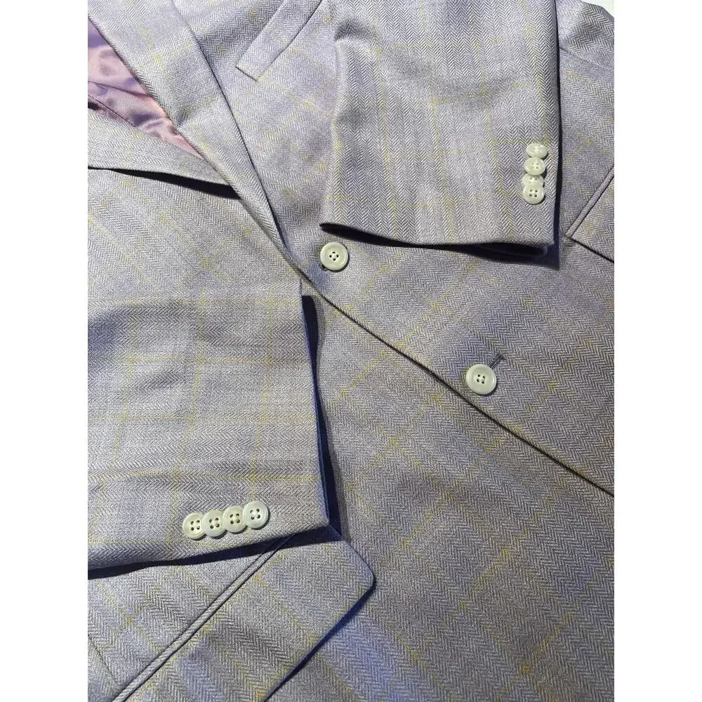 Paul Fredrick Blazer 50R Purple Lavender Camel Gold Plaid Herringbone Silk Wool